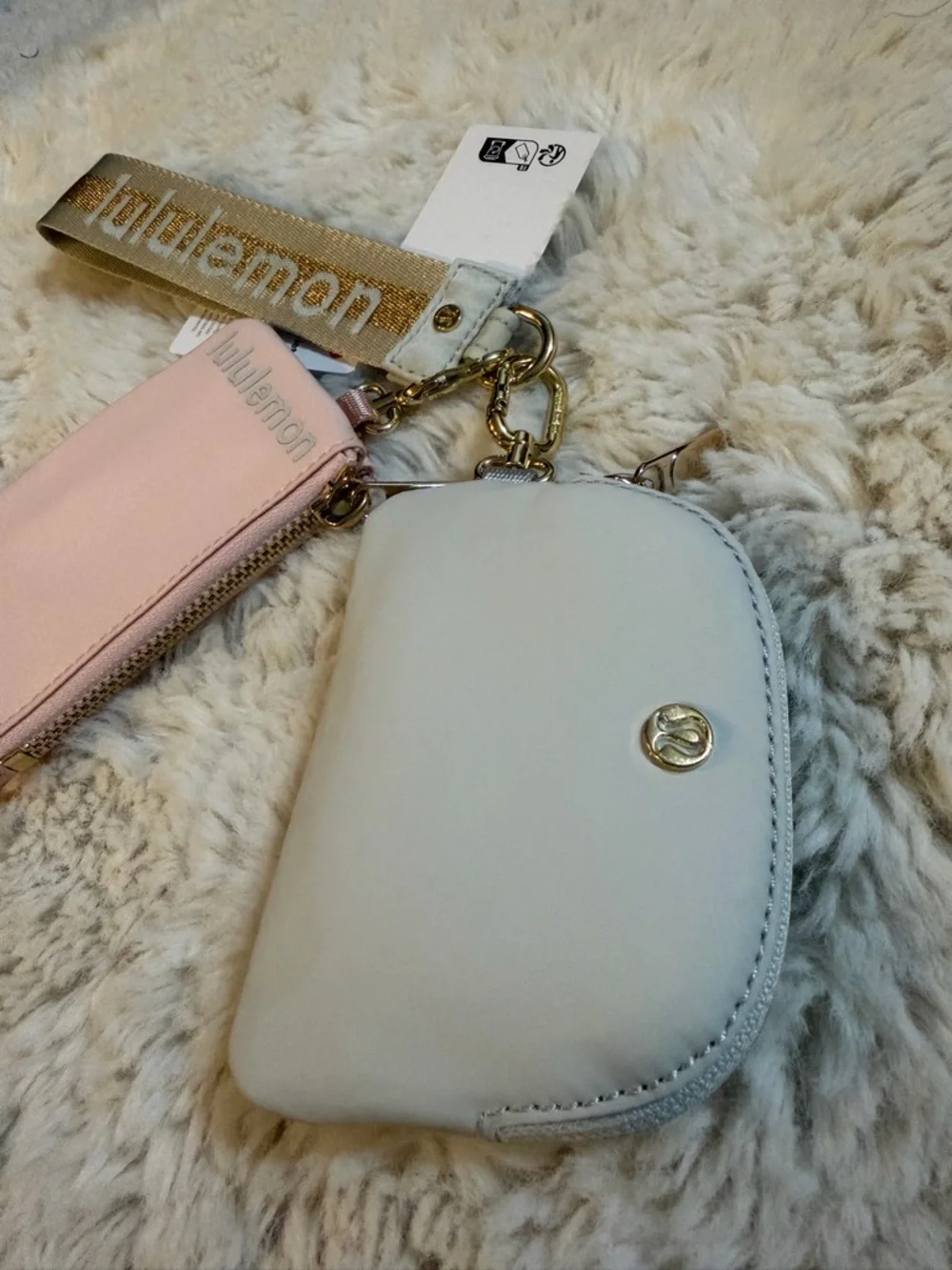 NEW! lululemon dual pouch pink and light gray wristlet with gold-accent strap